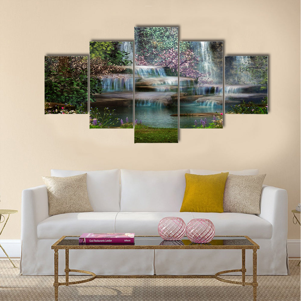 A magical landscape with waterfalls, flowers and trees Multi Panel Canvas Wall Art