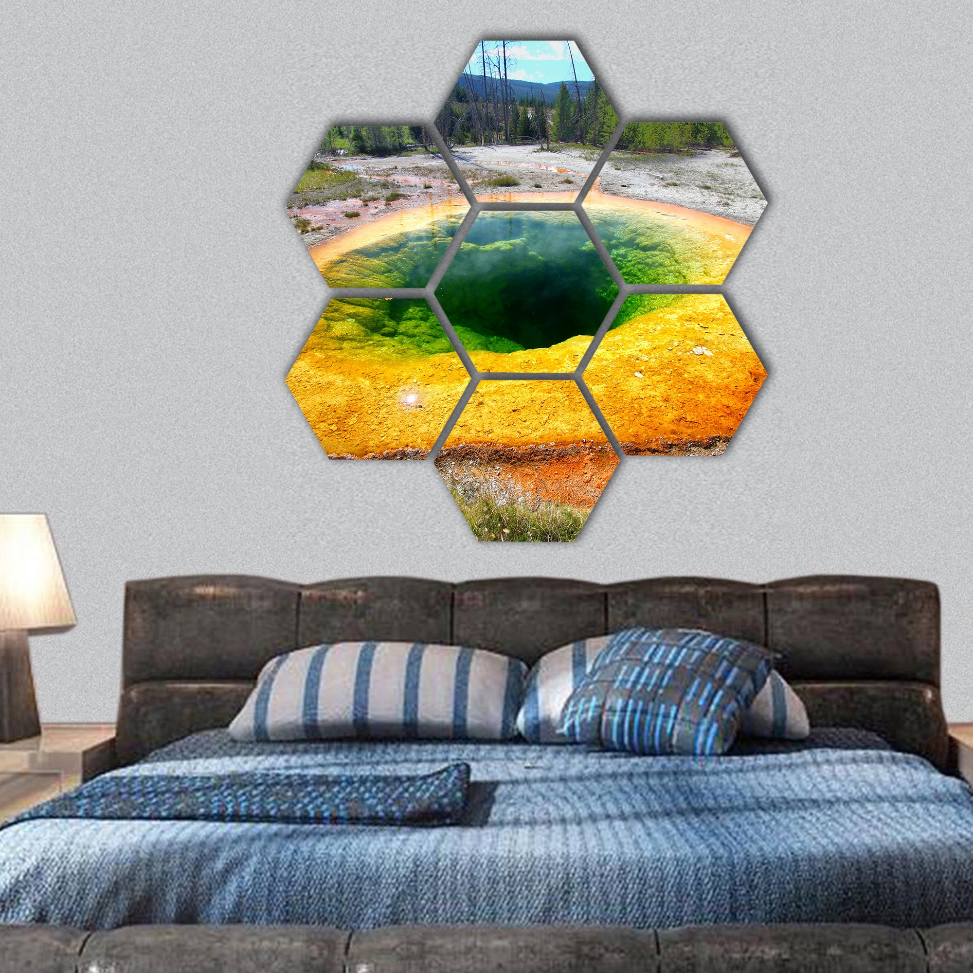Morning Glory Pool in Yellowstone National Park of Wyoming hexagonal canvas wall art