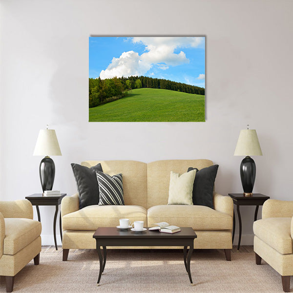 Green Field and forest Hill with blue sky Multi Panel Canvas Wall Art