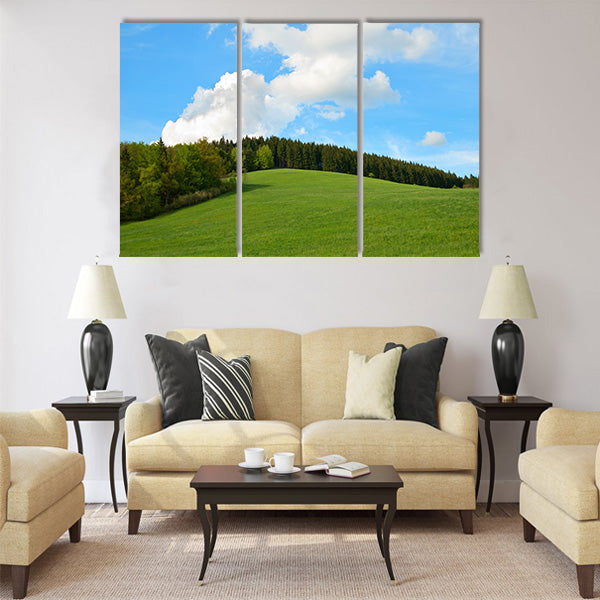 Green Field and forest Hill with blue sky Multi Panel Canvas Wall Art