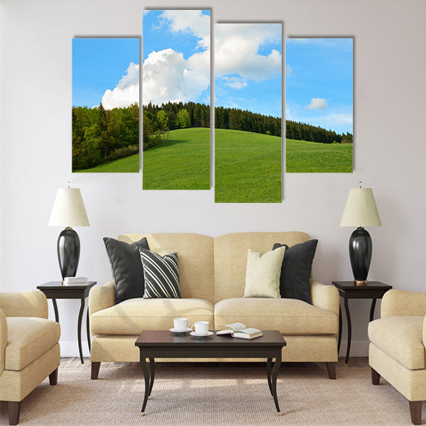 Green Field and forest Hill with blue sky Multi Panel Canvas Wall Art