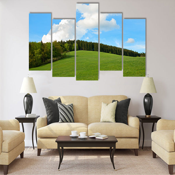 Green Field and forest Hill with blue sky Multi Panel Canvas Wall Art
