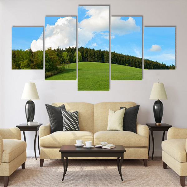 Green Field and forest Hill with blue sky Multi Panel Canvas Wall Art
