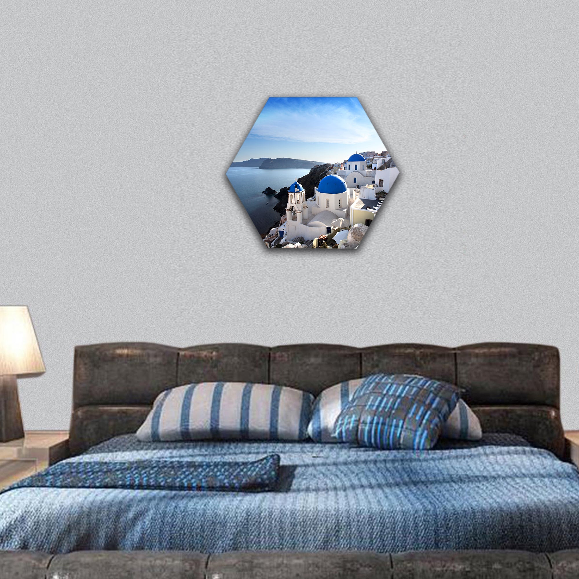 Santorini with churches and sea view in Greece hexagonal canvas wall art