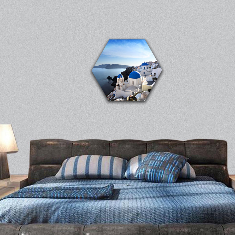 Santorini with churches and sea view in Greece hexagonal canvas wall art