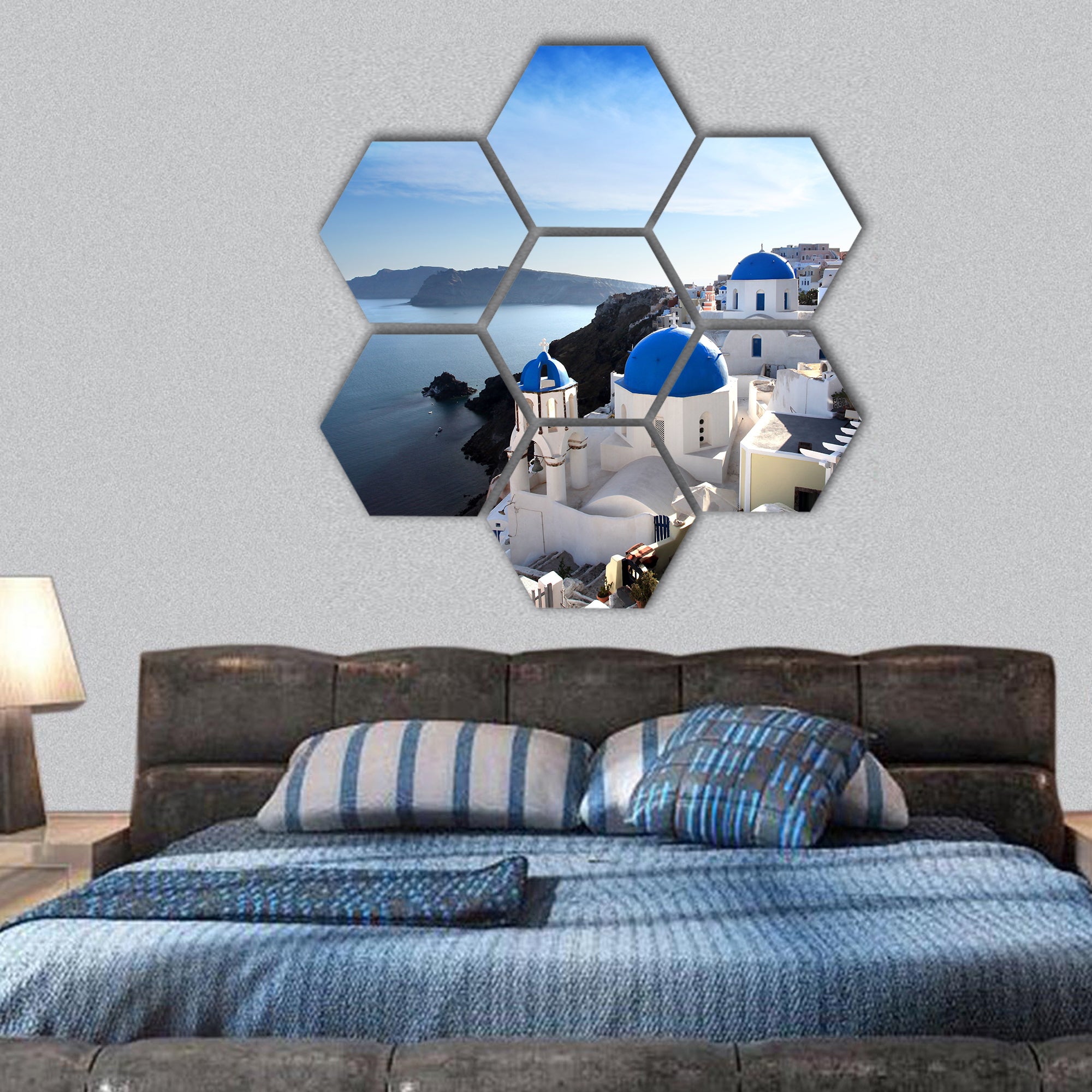 Santorini with churches and sea view in Greece hexagonal canvas wall art