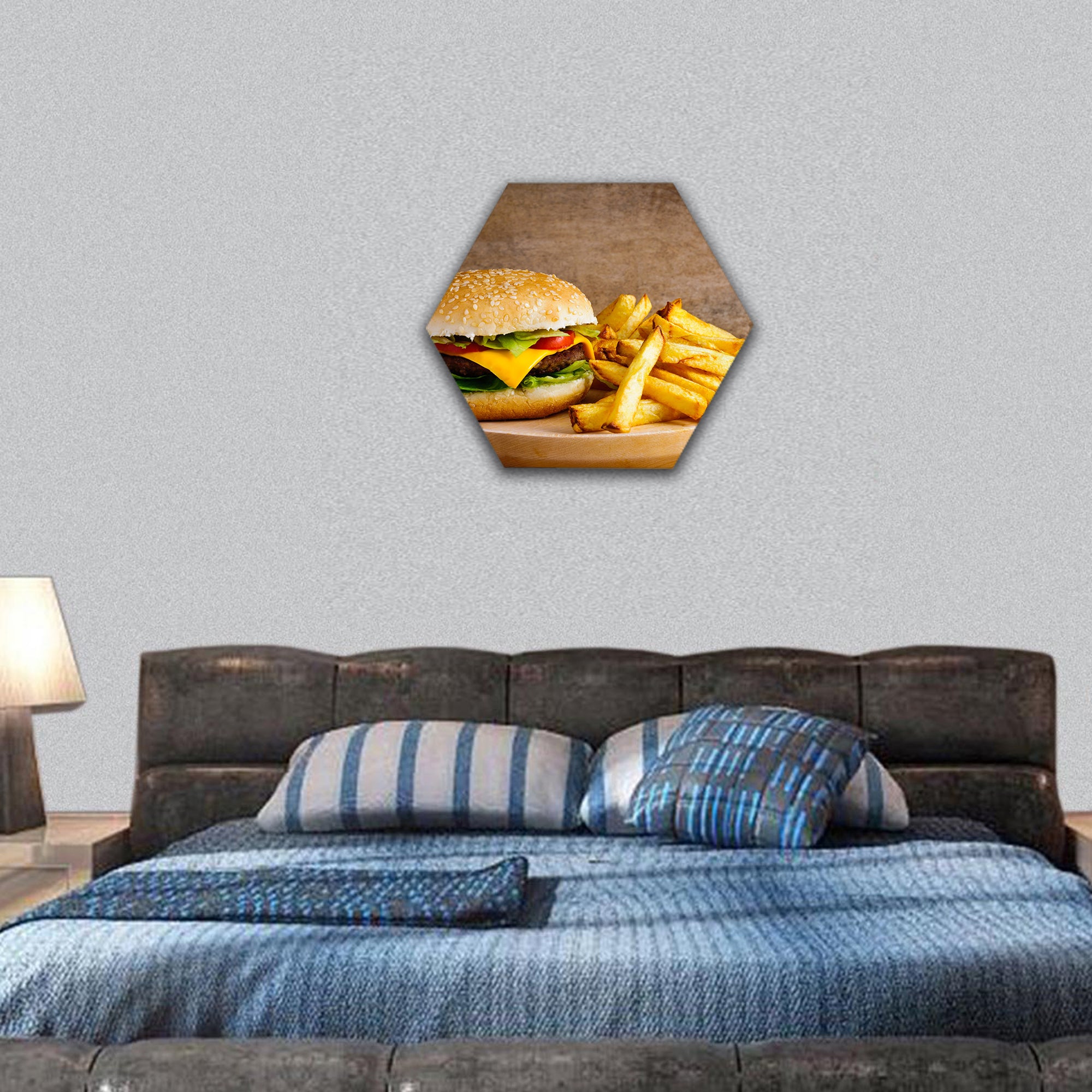 Fast food hamburger and french fries hexagonal canvas wall art