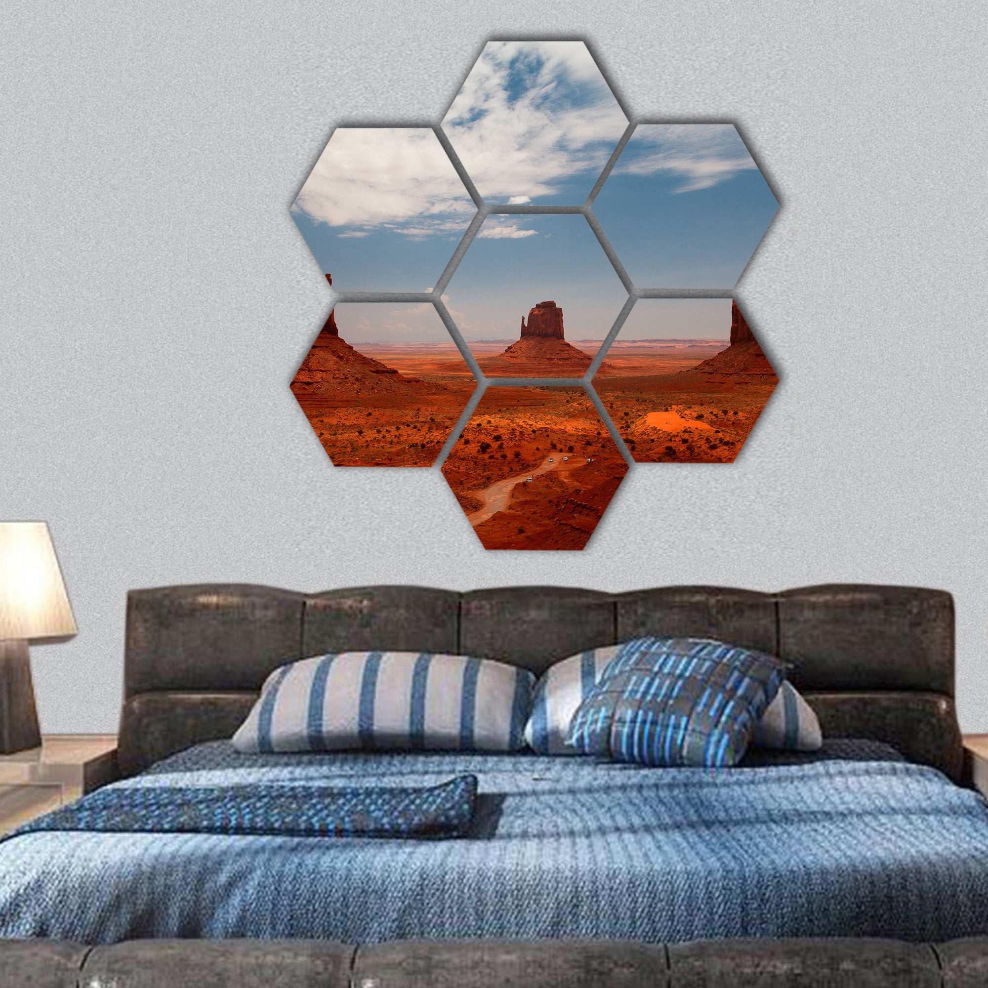 Peaks of rock in Navajo Park of Monument Valley Utah hexagonal canvas wall art
