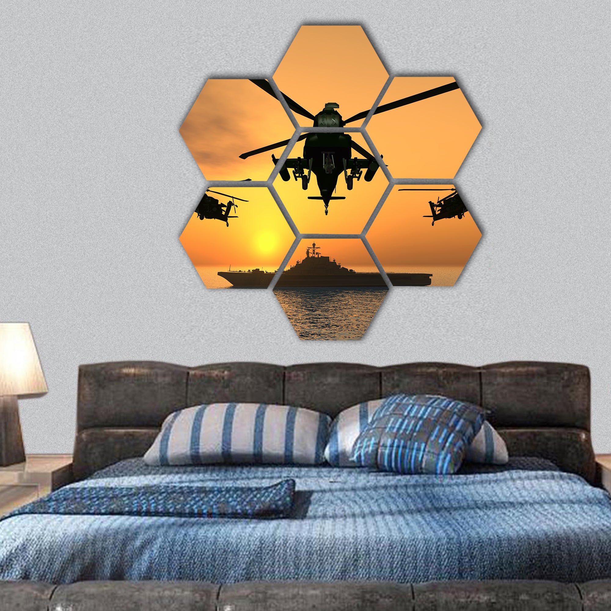 Apache Helicopter with Aircraft Carrier hexagonal canvas wall art