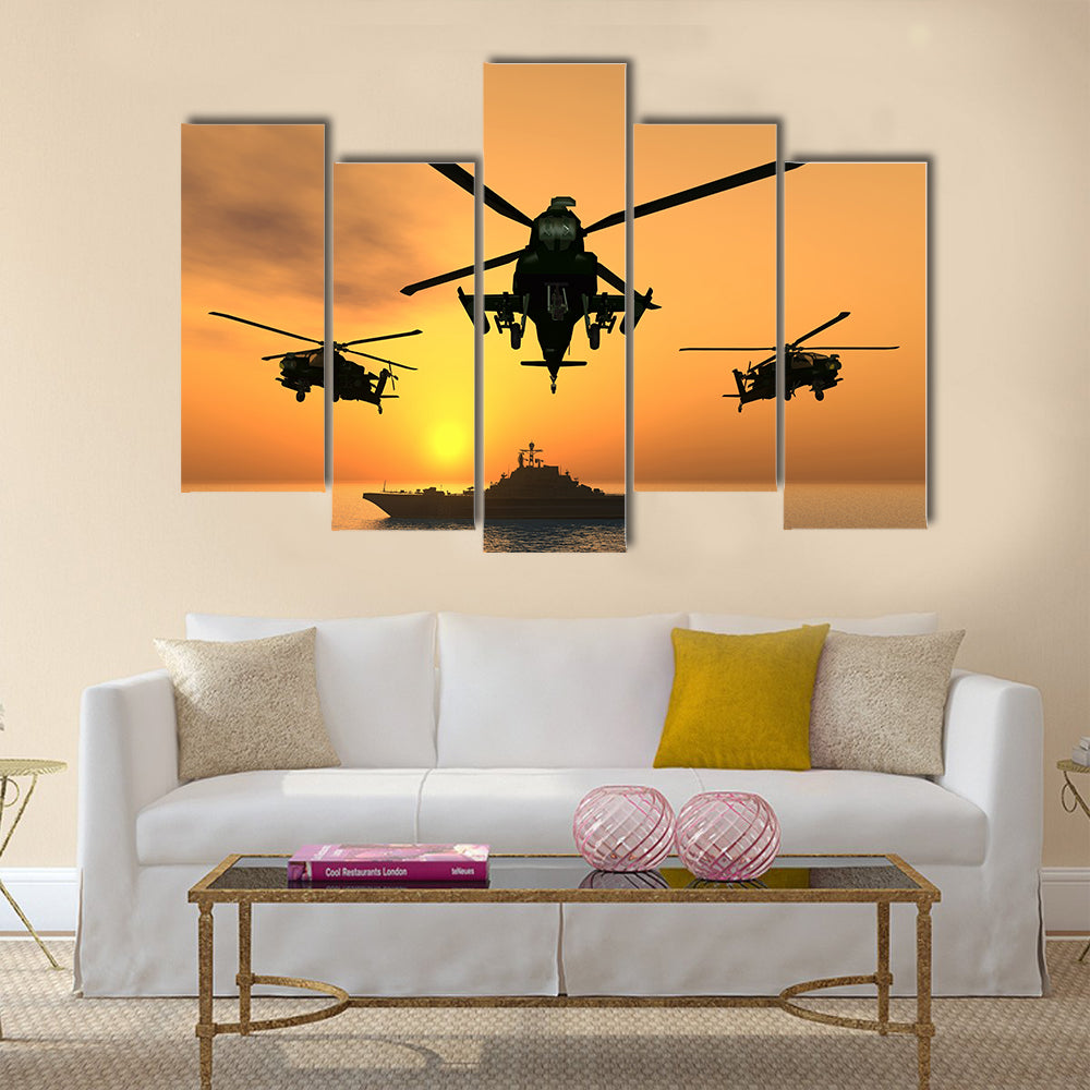 Apache Helicopter with Aircraft Carrier Multi Panel Canvas Wall Art