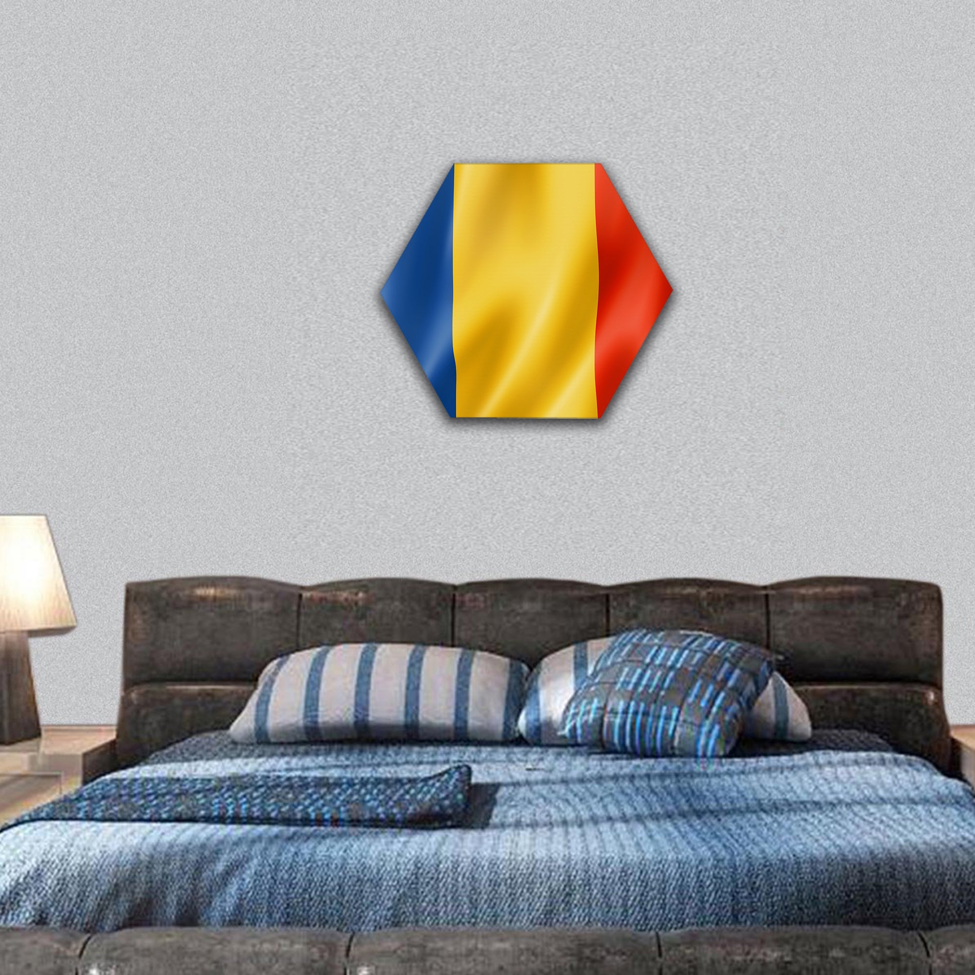 Romania flag, three dimensional render, satin texture hexagonal canvas wall art