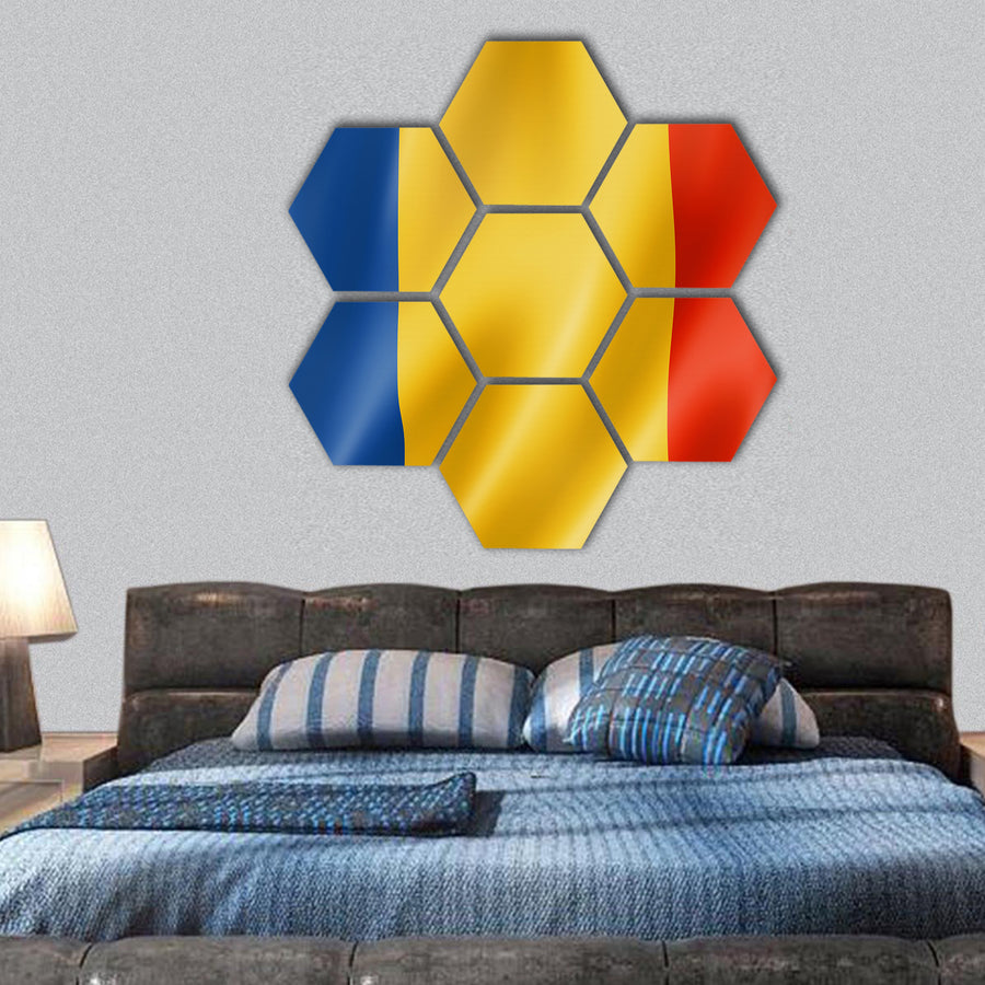 Romania flag, three dimensional render, satin texture hexagonal canvas wall art
