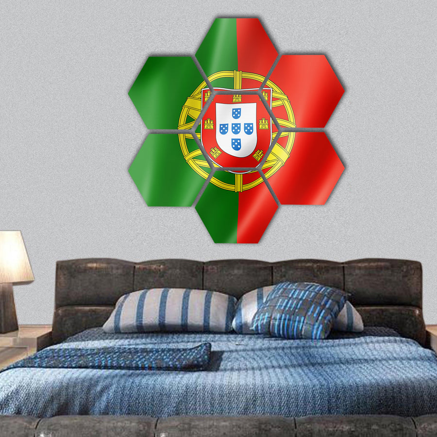Portugal flag, three dimensional render, satin texture hexagonal canvas wall art