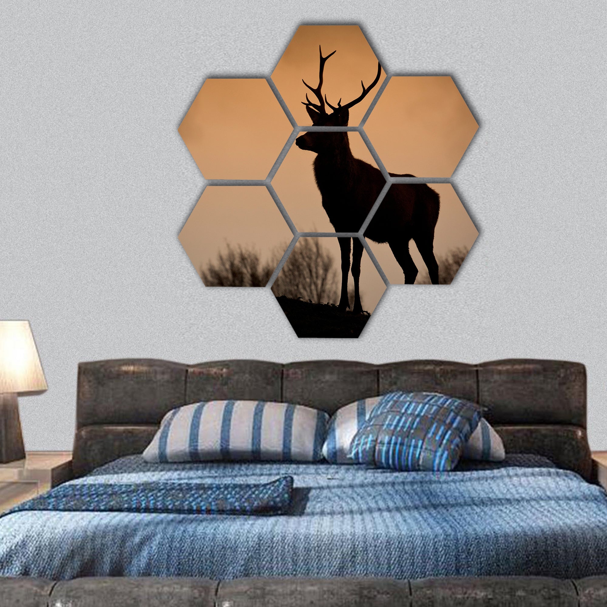 Red Deer Stag Silhouetted on mountain Ridge hexagonal canvas wall art