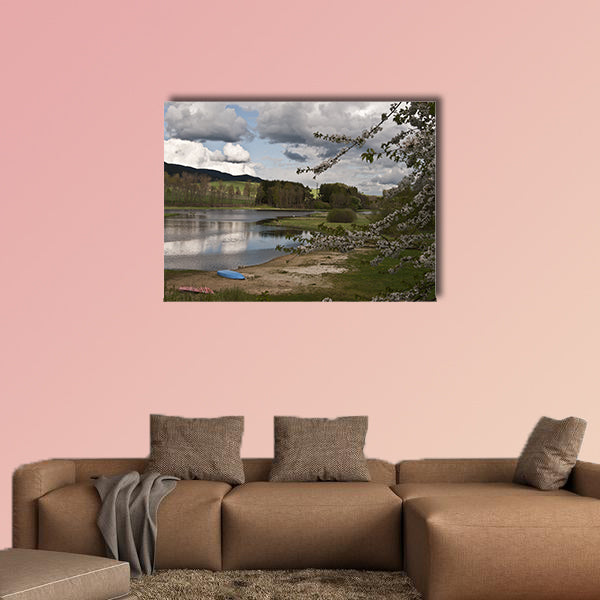 Blossom, sandy beach, ships, river Vltava and nice wall art