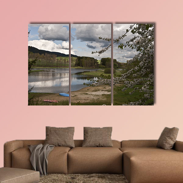 Blossom, sandy beach, ships, river Vltava and nice wall art