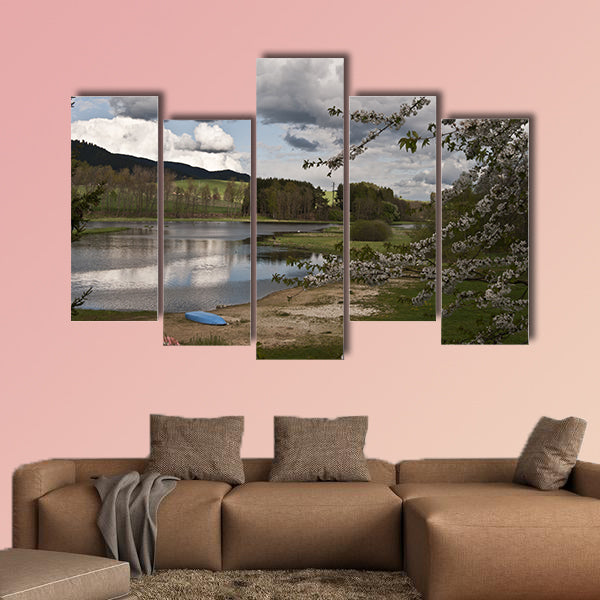 Blossom, sandy beach, ships, river Vltava and nice wall art