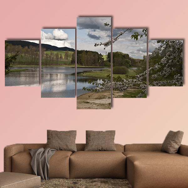 Blossom, sandy beach, ships, river Vltava and nice wall art