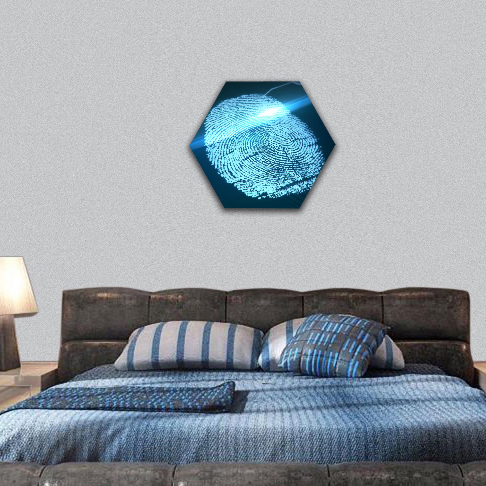 Fingerprint identification on a blue background hexagonal canvas wall art