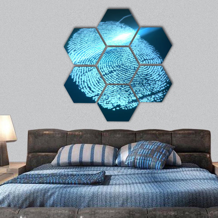 Fingerprint identification on a blue background hexagonal canvas wall art