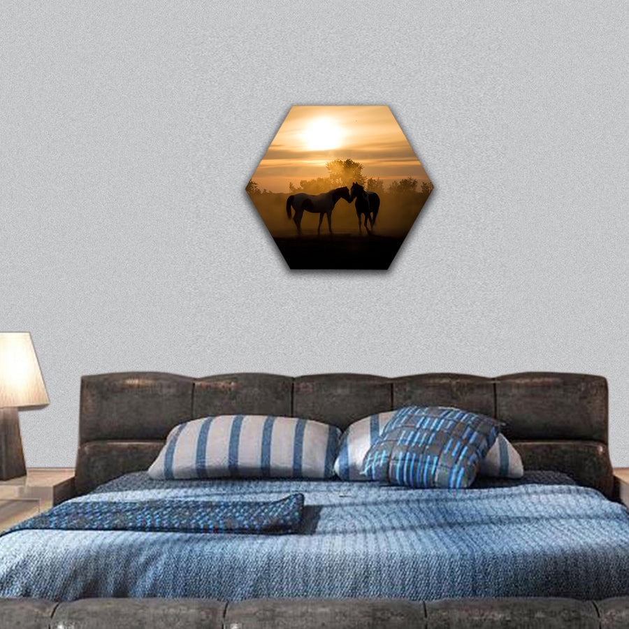 Silhouette horses in love in the Netherlands at sunset hexagonal canvas wall art