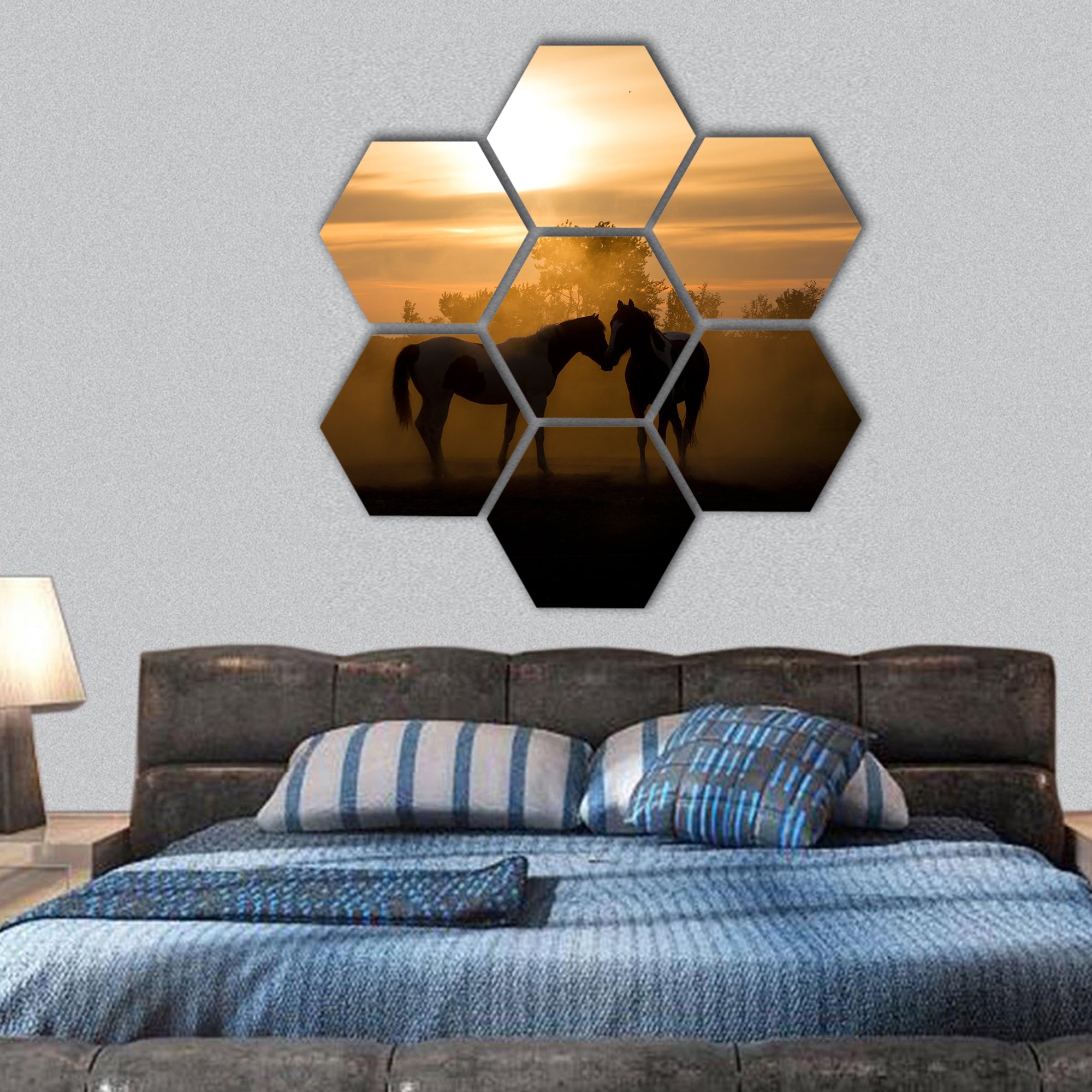 Silhouette horses in love in the Netherlands at sunset hexagonal canvas wall art