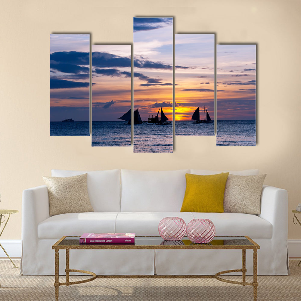 The Yachts And Boats In The Sunset Multi Panel Canvas Wall Art