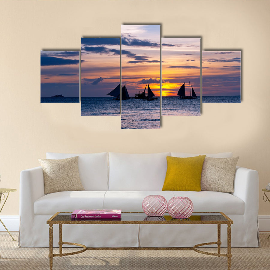 The Yachts And Boats In The Sunset Multi Panel Canvas Wall Art