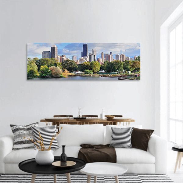 Chicago skyline with skyscrapers from Lincoln Park over lake panoramic canvas wall art