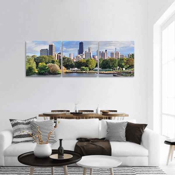 Chicago skyline with skyscrapers from Lincoln Park over lake panoramic canvas wall art