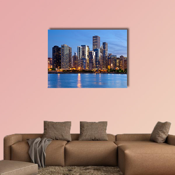 Image of the Chicago downtown skyline at dusk multi panel canvas wall art
