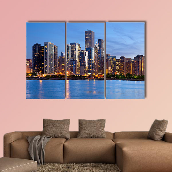 Image of the Chicago downtown skyline at dusk multi panel canvas wall art