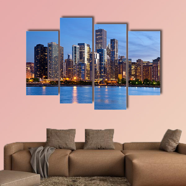 Image of the Chicago downtown skyline at dusk multi panel canvas wall art