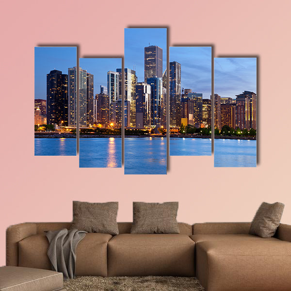 Image of the Chicago downtown skyline at dusk multi panel canvas wall art