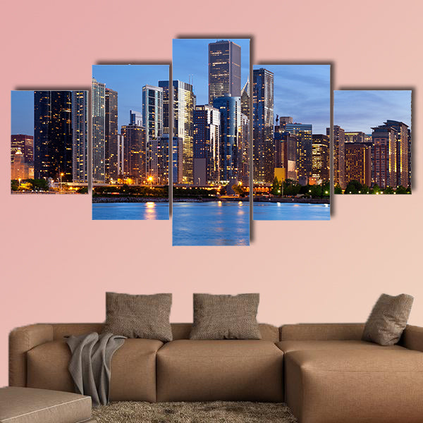 Image of the Chicago downtown skyline at dusk multi panel canvas wall art