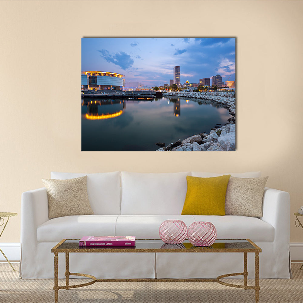 The City Of Milwaukee Skyline At Twilight With City Reflection in Lake Michigan Multi Panel Canvas Wall Art