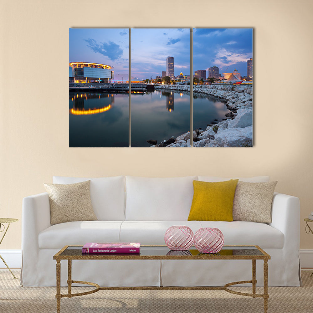 The City Of Milwaukee Skyline At Twilight With City Reflection in Lake Michigan Multi Panel Canvas Wall Art