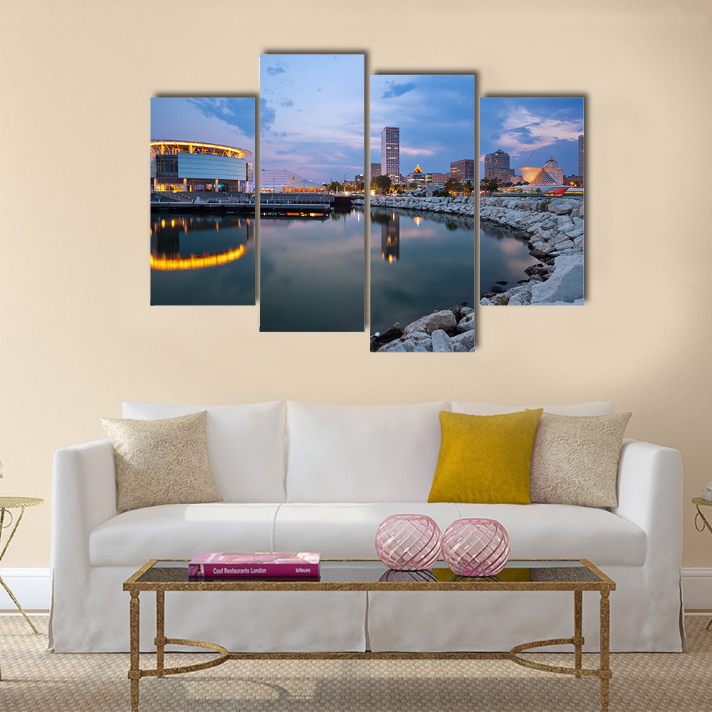 The City Of Milwaukee Skyline At Twilight With City Reflection in Lake Michigan Multi Panel Canvas Wall Art