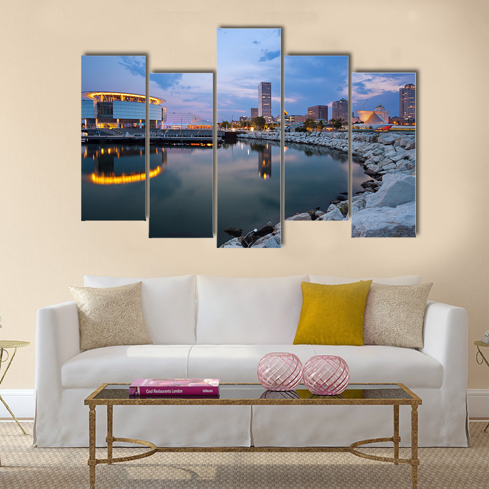 The City Of Milwaukee Skyline At Twilight With City Reflection in Lake Michigan Multi Panel Canvas Wall Art