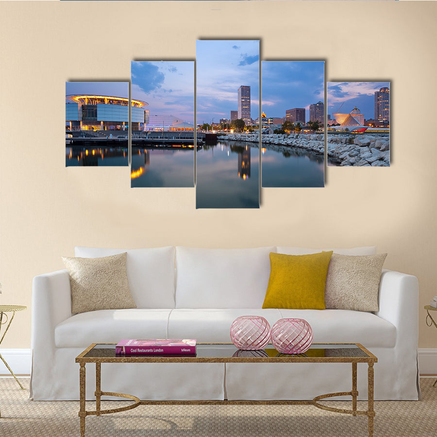 The City Of Milwaukee Skyline At Twilight With City Reflection in Lake Michigan Multi Panel Canvas Wall Art