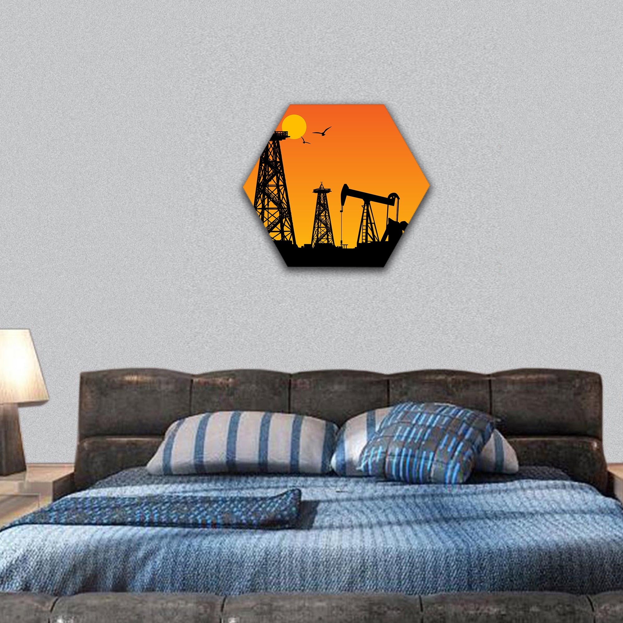 Oil rig silhouettes and orange sky hexagonal canvas wall art