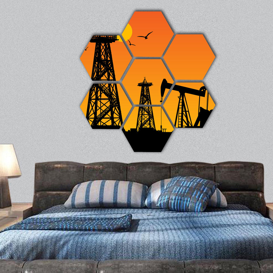 Oil rig silhouettes and orange sky hexagonal canvas wall art