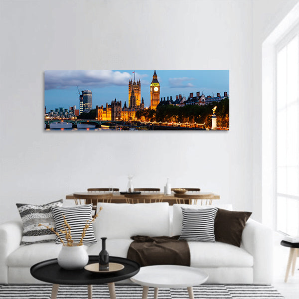 Big Ben and Westminster Bridge in the Evening, London, UK panoramic canvas wall art