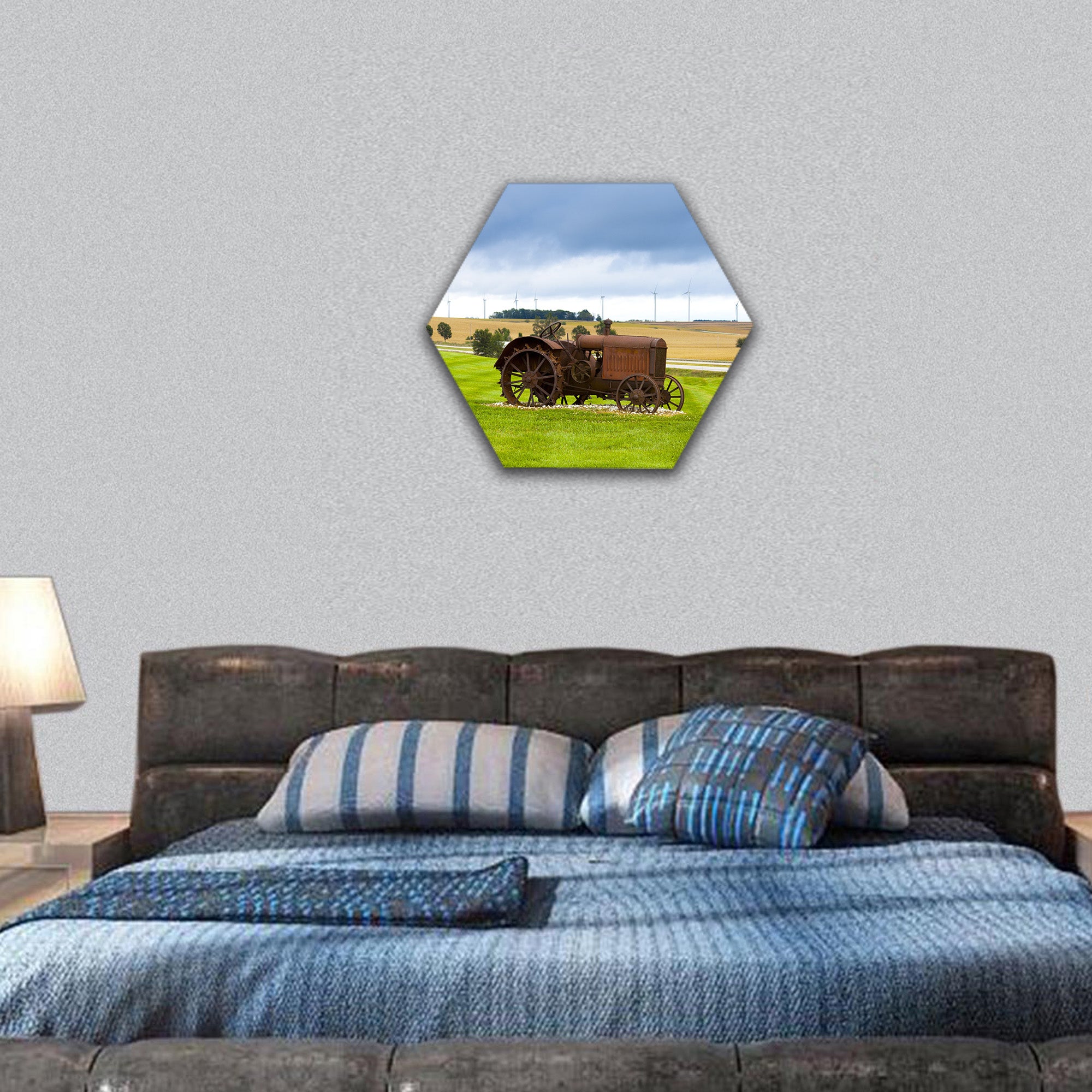 Old rusty tractor with wind turbines hexagonal canvas wall art
