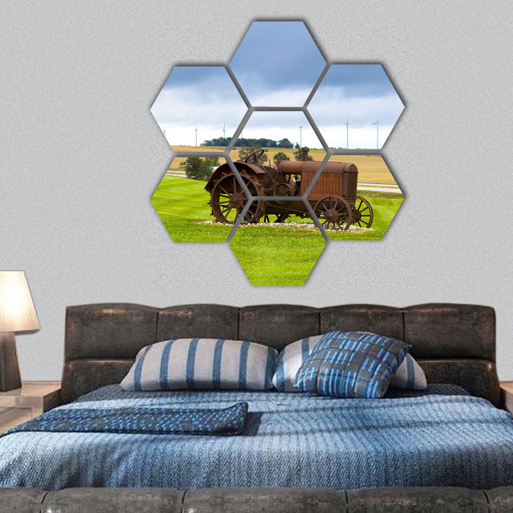 Old rusty tractor with wind turbines hexagonal canvas wall art