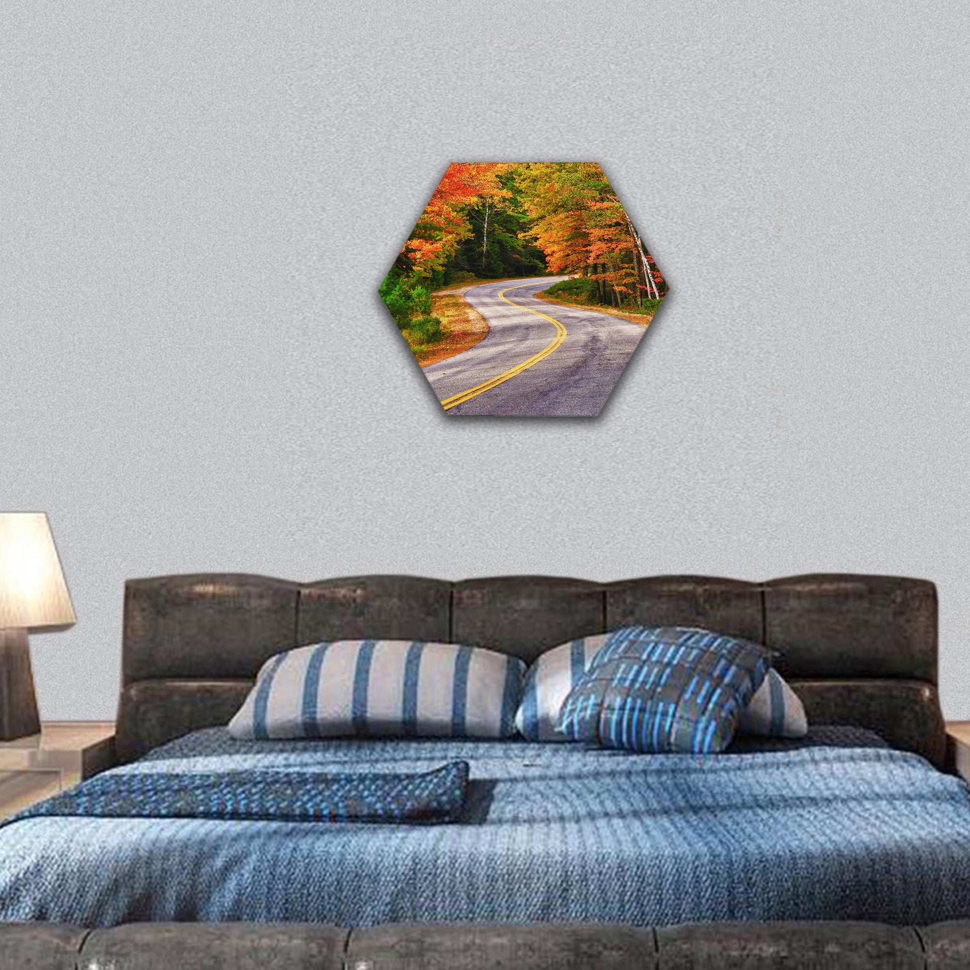 winding road curves through autumn trees hexagonal canvas wall art