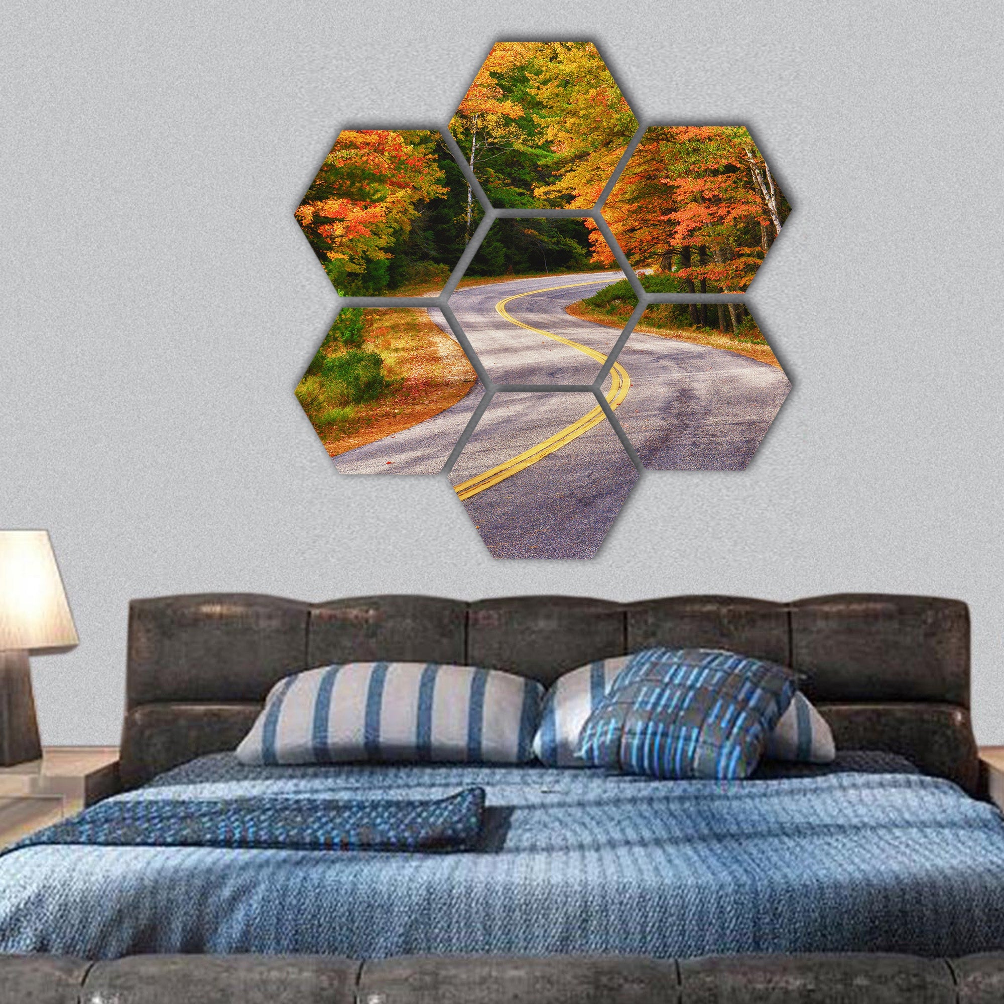 winding road curves through autumn trees hexagonal canvas wall art