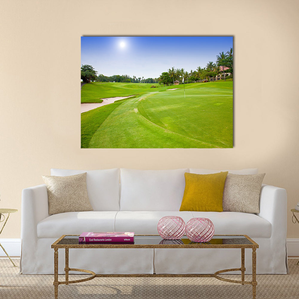 Green field for golf near hotel Multi Panel Canvas Wall Art