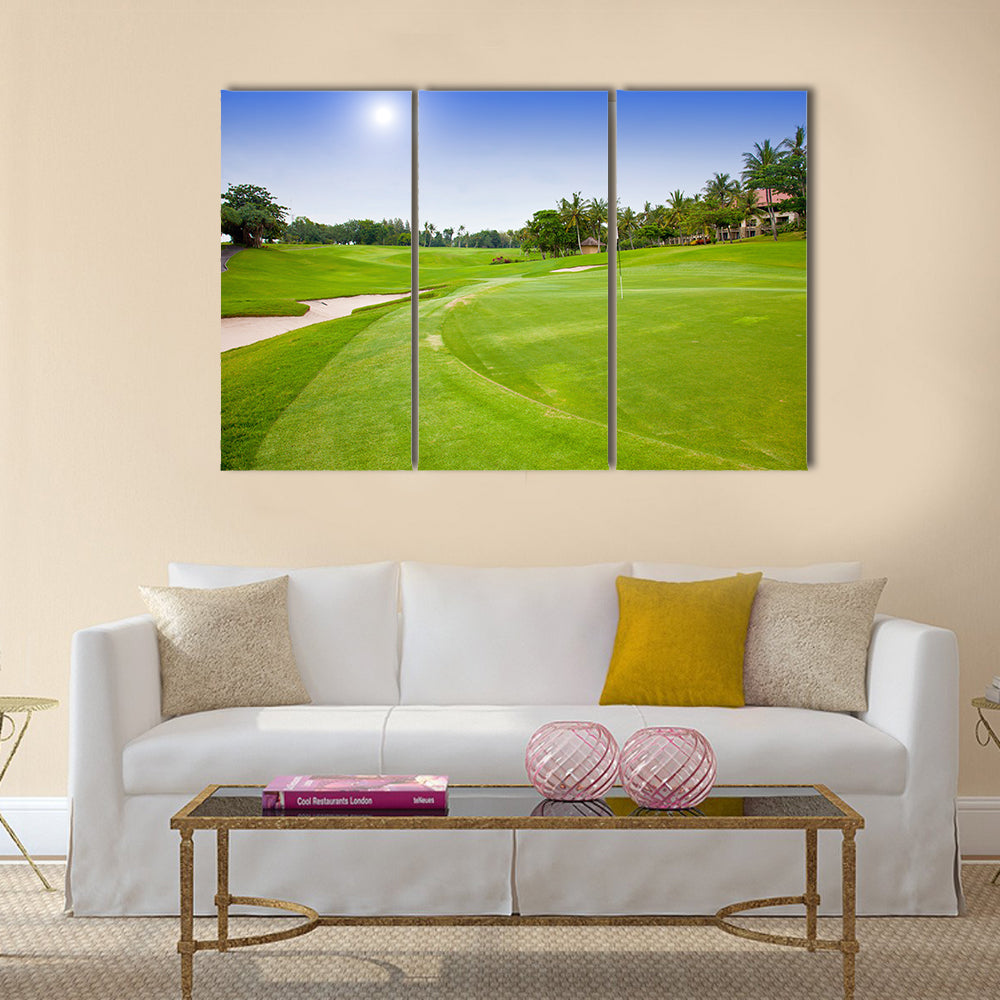 Green field for golf near hotel Multi Panel Canvas Wall Art