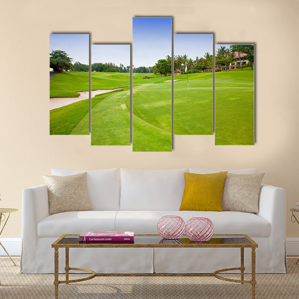 Green field for golf near hotel Multi Panel Canvas Wall Art